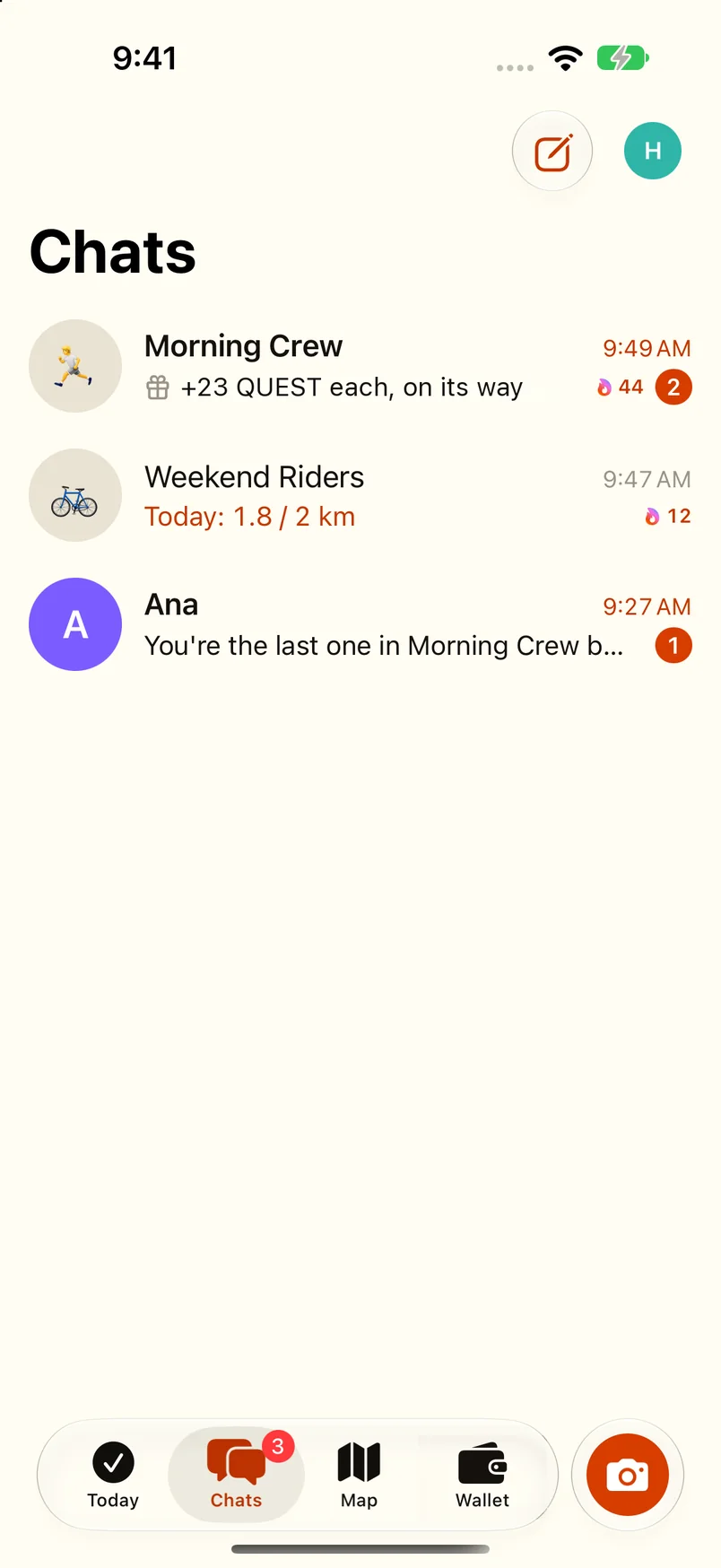 Chats: your groups and friends with the latest message