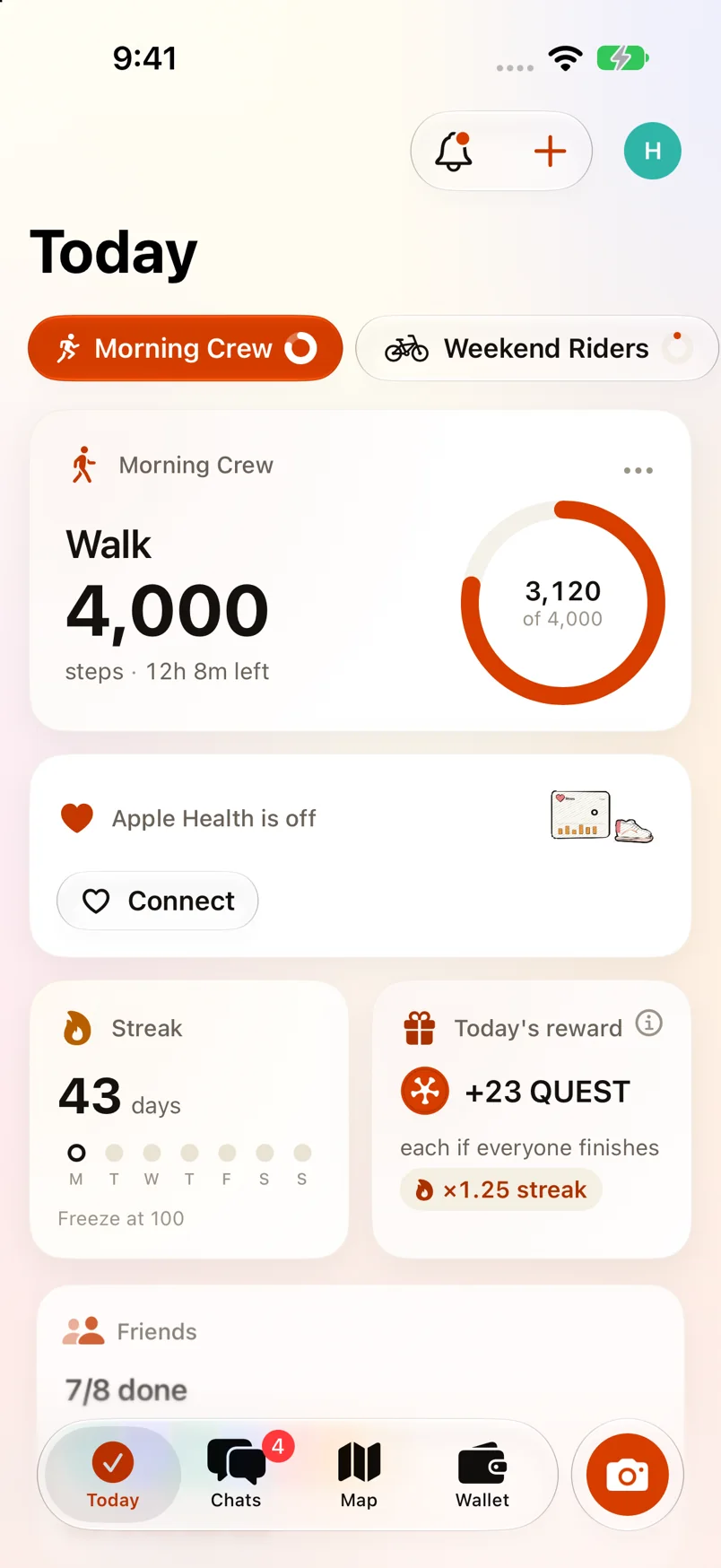 The Today screen: the group's walk, streak and today's QUEST reward